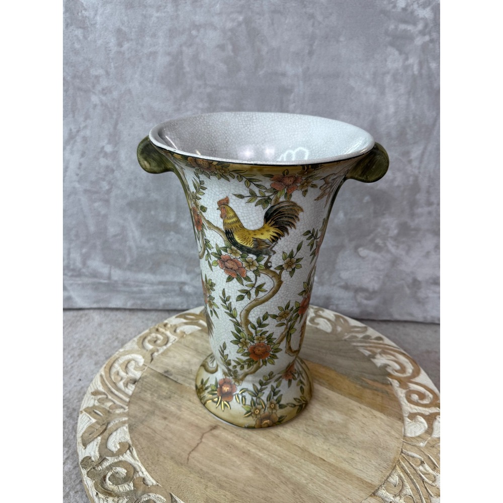 Vintage‎ Chinese Crackle Glaze Rooster Floral Porcelain Trumpet Vase 13.5 Inch